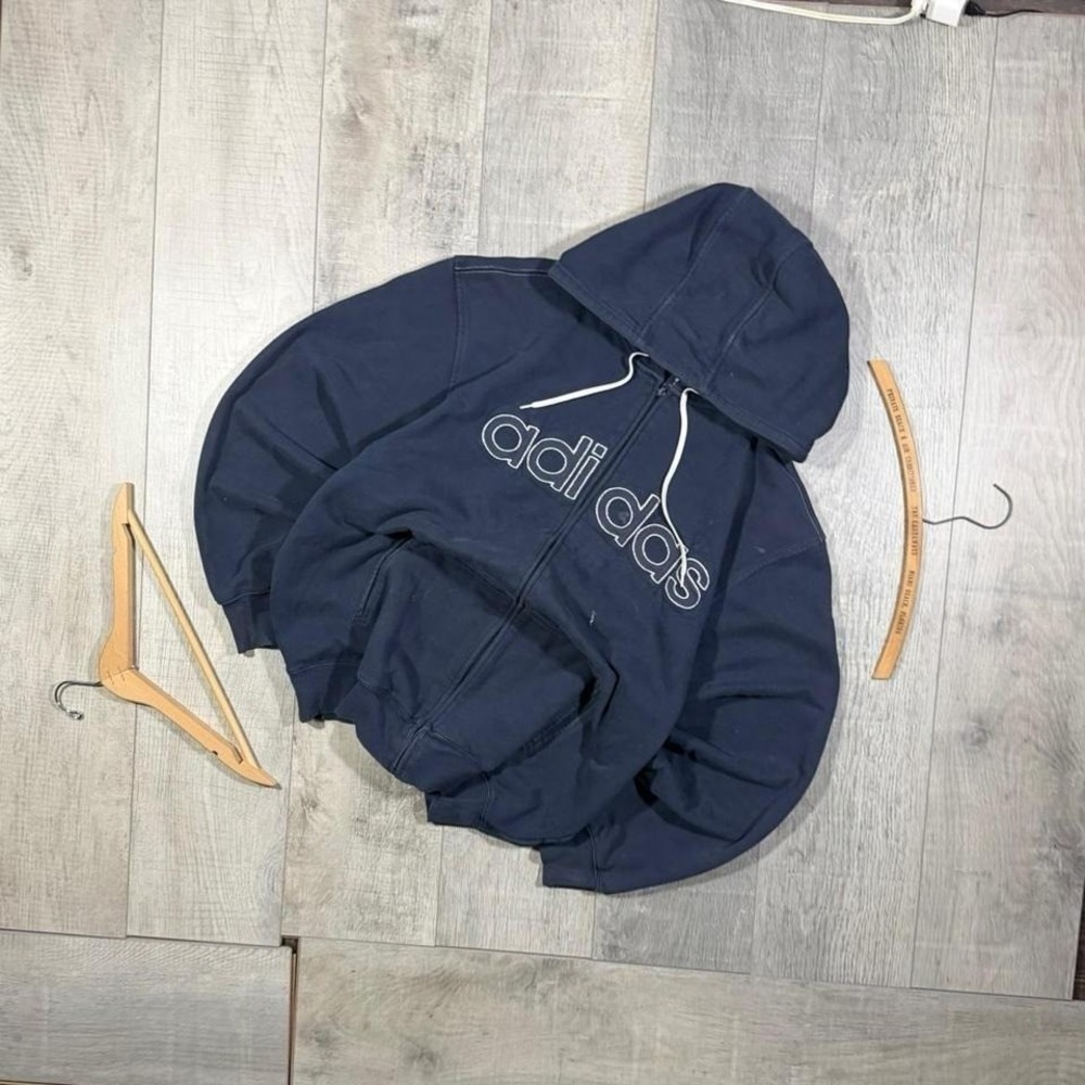 2000s navy blue and white adidas embroidered spellout full zip hoodie